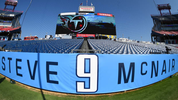 General view of a stadium wrap for former Tennessee Titans quarterback Steve McNair who will have his jersey retired during halftime of the Tennessee Titans game against the Indianapolis Colts at Nissan Stadium.